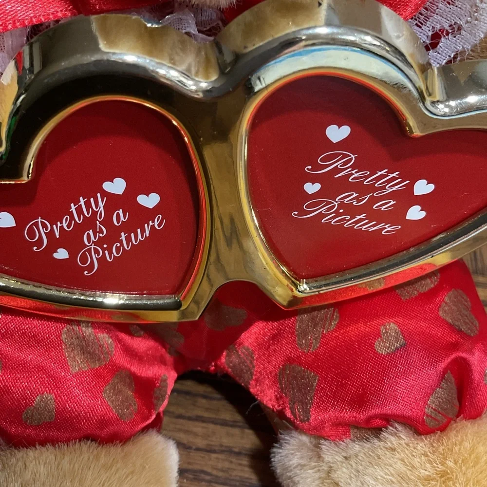 Teddy Bear red gold hearts lace collar + double heart picture frame Valentine
